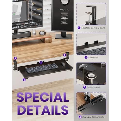Ergonomic Keyboard Tray Under Desk, Pull Out with Adjustable C-clamp, 25.6 (31.5 Including Clamps) x 11.8 Inch Slide Out Computer Keyboard Drawer Mouse Tray for Typing, Large & Black