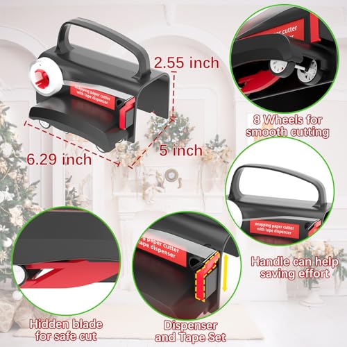 Gift Wrap Cutter & Tape Dispenser Set with Blades - Easy, Safe, Fast Christmas Gift Wrapping Tool