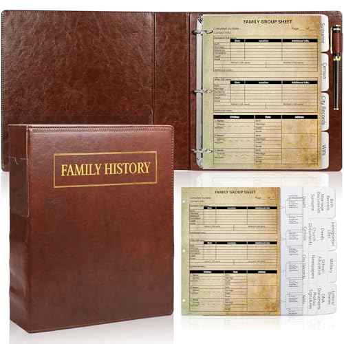 3 Ring Family History Binder 50 Sheet 12th Generation Family Group Sheets 16 Sheets Genealogy Binder Dividers Family Tree Charts to Fill in with PVC Pocket Pen Loop Brown