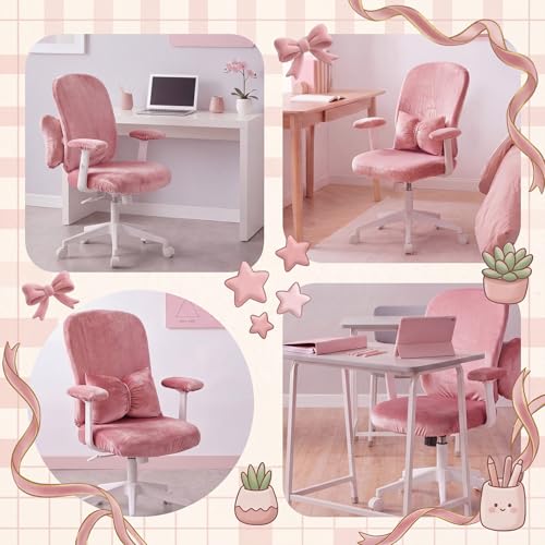 Tigeen Pale Pink Velvet 4-Piece Office Chair Cover Set with Bow Pillow