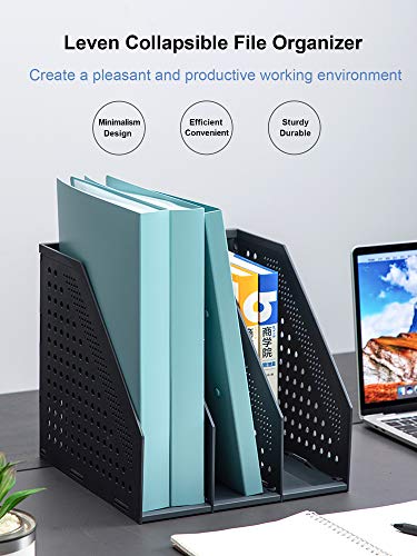 Leven Collapsible Magazine File Holder - 3 Compartments Dark Grey Office Desk Organizer