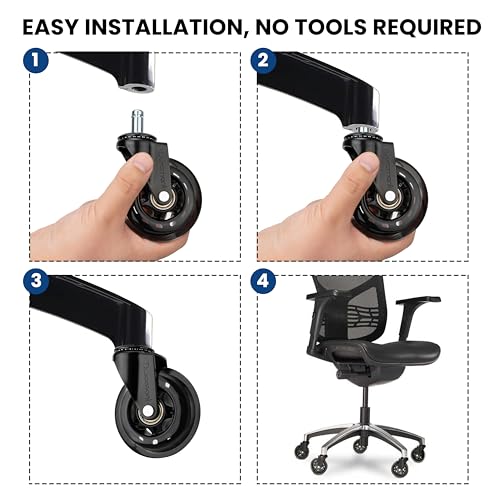 Duramont Black Office Chair Wheels - Set of 5 Universal Rubber Casters, Smooth & Quiet