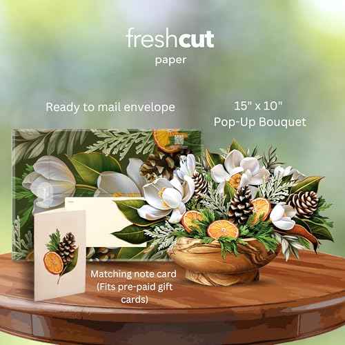 Freshcut Paper Pop Up Cards, Winter Magnolia, 15 Inch Life Sized Forever Flower Bouquet 3D Popup Christmas Card, Holiday Card, Blank Notecard & Envelope