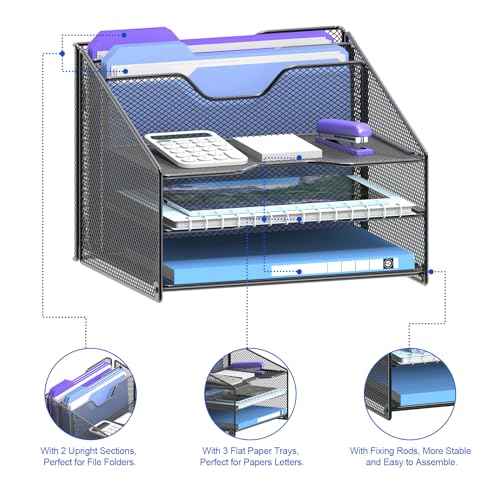 Samstar Desk File Organizer, Mesh Letter File Folder Holder with 3 Paper Trays and 2 Vertical Upright Section, for Office Supplies,Desk Accessories & Workspace,Black.