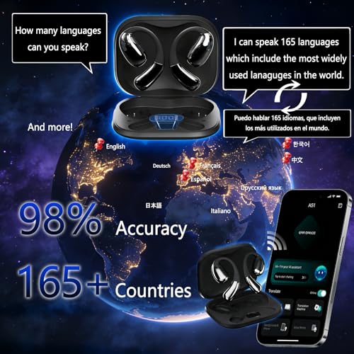 HAAMAANII Black AI Translator Earbuds 165 Languages Real-Time, 13 Offline Packs, IPX5 Waterproof