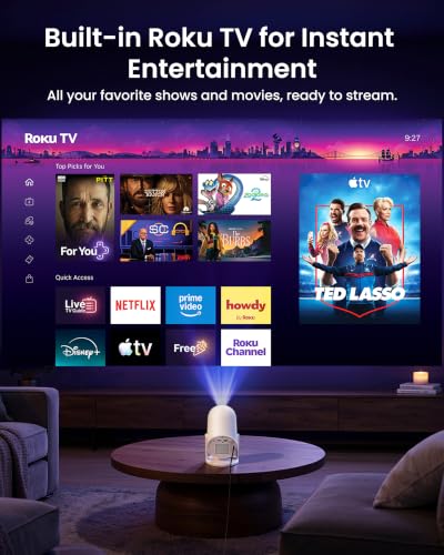 Boldever White 7.26 x 4.96 x 6.01 Inch Roku 1080P FHD Mini Smart Projector with Wi-Fi & Bluetooth