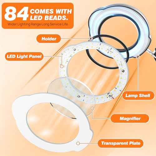 10X Magnifying Glass with Light and Stand, 84 LEDs 2 in 1 Magnifier Lamp with Clamp and 5 Color Stepless Dimmable Modes for Hands Free Reading Sewing Crafts Repair and Close Work