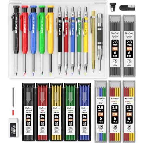 Nicpro 27 Pack Carpenter Pencils for Woodworking, Construction Mechanical Pencil with 100 Refill, Automatic Center Punch and Carbide Scribe Carpenter Tool, Construction Pencil for Carpenters Marking