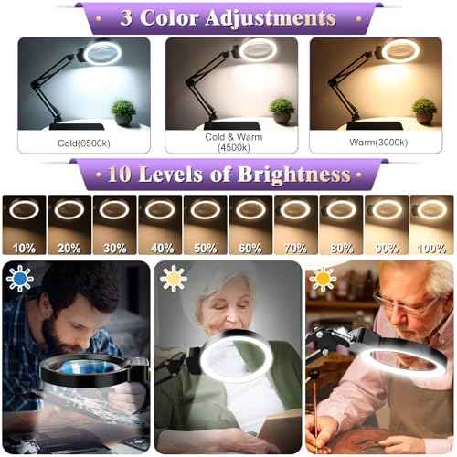 10X 30X Large Magnifying Glass with Light and Stand, 5-inch Lighted Magnifier, 72 LED 3 Color Modes Stepless Dimmable, Hands-Free Magnifying Glass Desk Lamp for Reading Craft Hobby Close Work Black