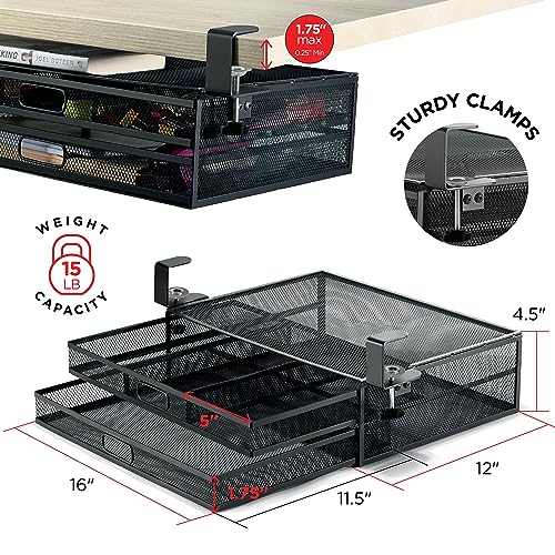 Homeify 2-Drawer Under Desk Clamp-On Organizer Mesh Metal Office Storage
