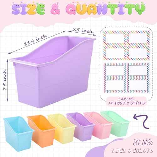 Blosssound 6 Set Book Bin with Label Stickers Plastic Stackable Organizing Bins 11.4 x 5.5 x 7.5 Inch Storage & Organization for Book Box Baskets for Classroom Library Home School Supplies