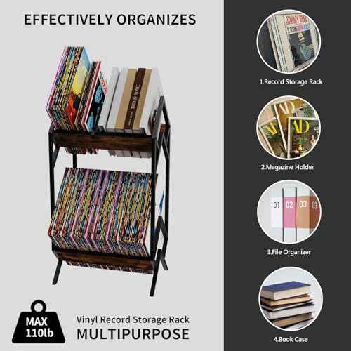 2 Tier Vinyl Record Storage-Holds 80-100 LP Albums,Quick Assembly Vinyl Record Holder with Adjustable Dividers, Home & Studio Record Organizer for Magazine, Book, Files
