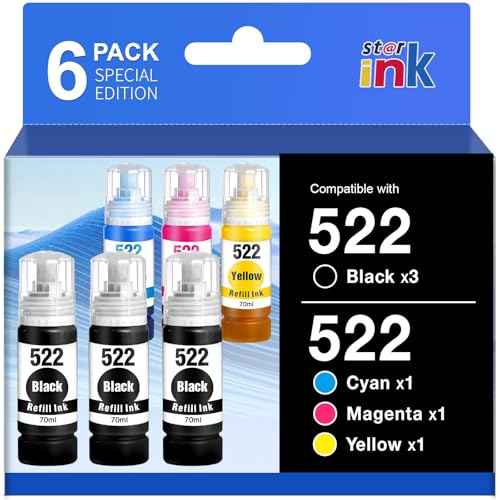 Starink 522 Ink Refill Bottles High Capacity (6 Bottles) Replacements for Epson 522 Ink Refill Bottles Compatible for Epson ET-2800 Ink ET-2400 ET-2803 ET-2720 ET-4700 ET-4810 ET-4800 Printer Ink