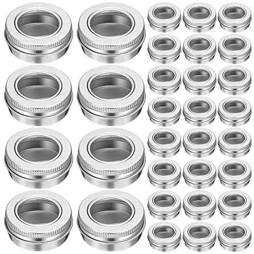 100 Pcs 0.5 Ounce Aluminum Tin Jar 15 ml Refillable Containers Clear Top Screw Lid Round Tin Container Bottle for Cosmetic, Cream, Diamond Painting, Salves, Balms, Lip Balm, Spices or Others, Silver