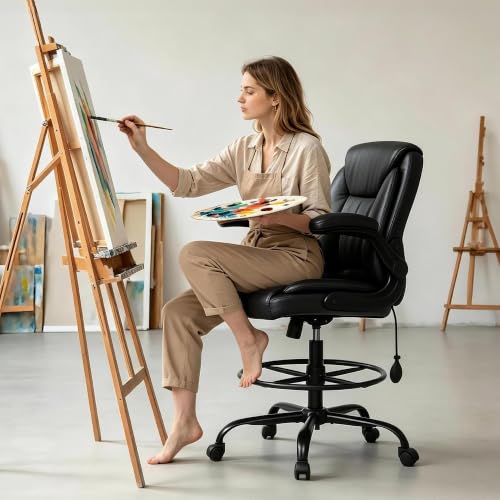Ermnois PU Leather Drafting Chair with Adjustable Lumbar Support - Black, 1
