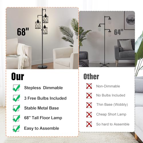 Dimmable Farmhouse Floor Lamp, Industrial Floor Lamp for Living Room with 3 X 6W LED Bulbs, 3 Light Rustic Standing Tall Lamp for Bedroom, Office, 68"
