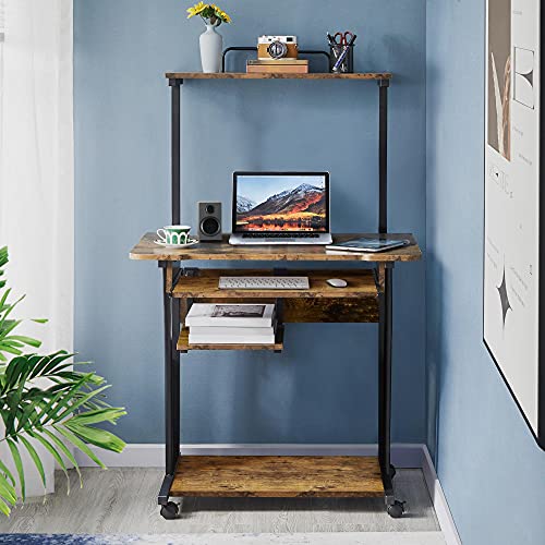 Yaheetech Rustic Brown Small Rolling Computer Desk with Hutch & Shelves