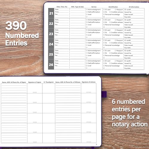 Notary Journal Log Book, 390 Entries, 10 x 7, Vegan Leather Purple