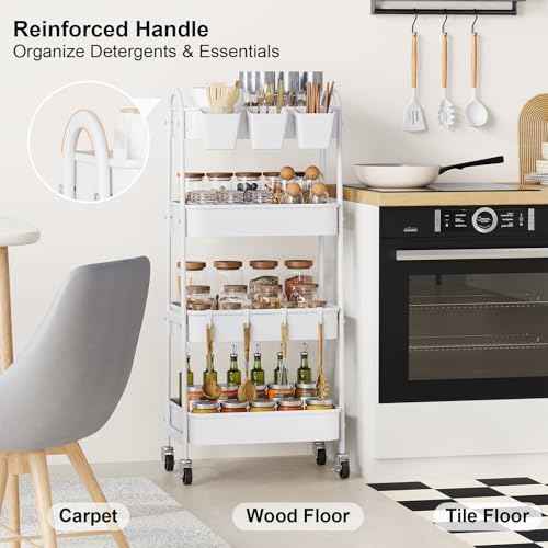 4 Tier Heavy Duty White Metal Rolling Cart with Lockable Wheels,Utility Storage Organizer Carts, Four Tier Roller Book Snack Cart for Kitchen, Bathroom, Garage, Baby Diaper, Craft, Art, Teacher