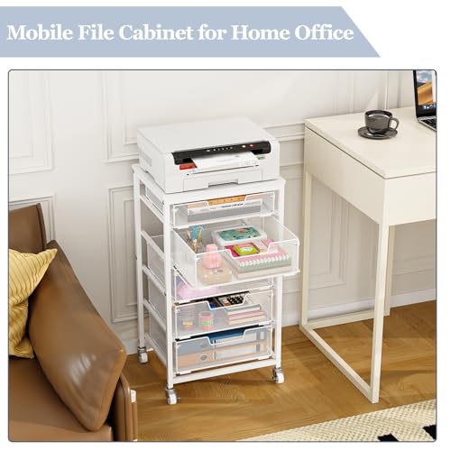 5 Drawer Mobile File Cabinet, Under Desk Mobile Filing Cabinet with Wheels, Vertical Metal Filing Chest Rolling Small Desk Printer Stand Storage Organization for Home Office, White