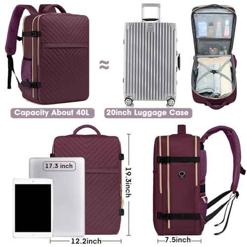 Large Carry On Travel Backpack - Flight Approved Waterproof Luggage Suitcase Backpack Personal Item Size for Women Men Fit 17 Inch Laptop College Overnight Bag Anti-Theft Weekender Daypack Dark Purple