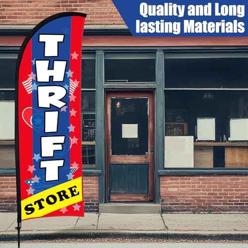 Buryeah 11ft Thrift Store Feather Flag Banner Sign for Business Advertising Swooper Flag Sign with Flagpole Ground Stake Portable Bag Thrift Store Signs Banner Set for Outside Business