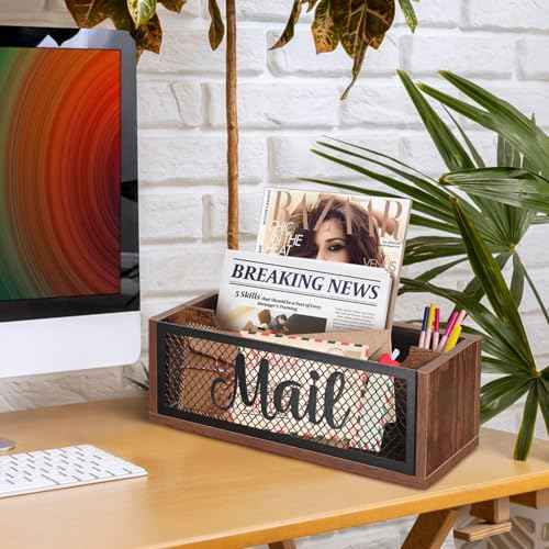 Mail Organizer,Mail Holder with 2 Slots, Wood Mail Basket Mail Sorter for Wall Table Countertop, Bill Envelope Letter Holder for Home Office