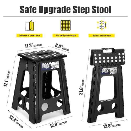 Delxo 17.5 Inch Folding Step Stool,Foldable Stool for Adults with Safety Lock,Portable Collapsible Plastic Step Stool,Non Slip Folding Stools for Kitchen Bathroom Bedroom Up to 400LBS,(Black 1PC)