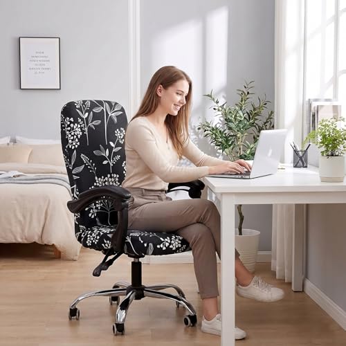 WOMACO Floral Print Office Chair Cover, Black Tree Large - Stretch Slipcover