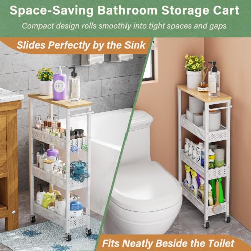 OKZEST Slim Laundry Room Cart 7.1 Inch Wide White with Upgraded Metal Casters