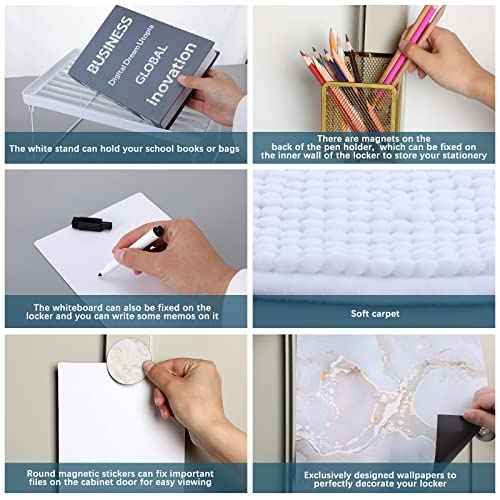 Nuanchu 23 Pcs Locker Organizer and Decorating Kit Includes 12 Magnetic Locker Wallpaper White Shelf Whiteboard with Marker Oval Mirror Gold Pencil Holder White Rug 6 Magnets(Marble)