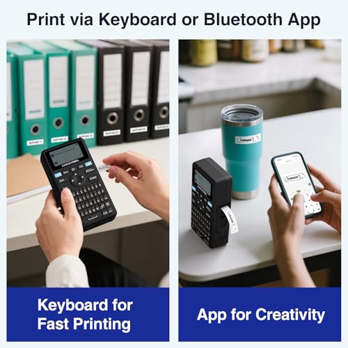 SUPVAN E11 Bluetooth Label Maker Machine with 4 Tapes, Support Keyboard & App with 40 Fonts and 450+ Icons, Rechargeable Inkless Labeler for Home, Kitchen, Office, School Organization, Black