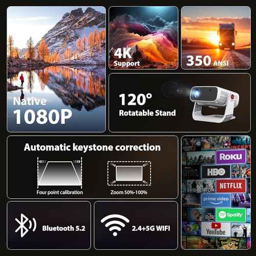 Smart Projector with WiFi 6 and Bluetooth Built-in Apps - 4K Support Portable Bedroom Mini Projector Native 1080P , 2025 New Auto Keystone & Zoom Home Theater Cinema Movie Proyector, 120¡Æ Stand