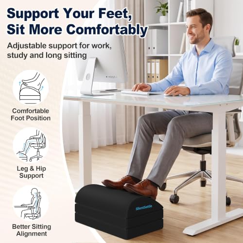 SilentSettle Foot Rest Under Desk, 3-Height Adjustable Foot Stool - Black (Large)
