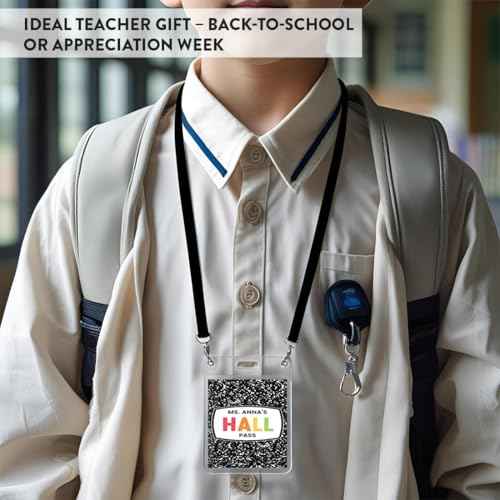 Andaz Press 20 Personalized Teacher Hall Pass Set with 10 Card Holder Lanyards, Composition Notebook Hallway Passes, Cardstock Hall Passes for Classrooms, Custom Teacher Name School Pass, 3.5x2 Inch
