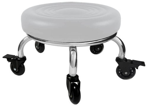 IMMER LIEBEN Heavy Duty Rolling Stool with Wheels PU Leather Low Roller Seat for Adult Child Home Shop Garage Kitchen for Pottery Making Modern Round White