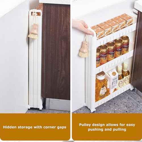 3.54 Slim Storage Cart Durable Bathroom Organizer Slide Out Storage Cart Rolling Utility Cart Slide Out Organizer Narrow Shelf Rack for Kitchen Bathroom Study Office