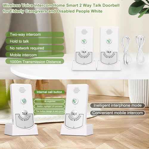 2 Way Talk Doorbell Voice Intercom, Home Caregiver Pager Intercom Super Long Range 1000ft Intercomunicador Indoor Outdoor System for Home Hospital Office (White)