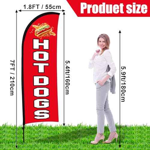 Buryeah 2 Sets Hot Dogs Feather Flag Kit 7 x 5.4 ft Hot Dogs Swooper Flag Pole Kit with Pole Ground Stake and Portable Bag Hot Dog Sign for Restaurant Advertising Business Outside Ground(Red)