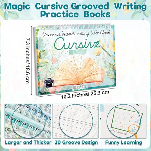 gisgfim 4 Pack Grooved Cursive Handwriting Workbook Kit Magic Reusable Grooved Handwriting Practice with Disappearing Ink Pens Cursive Kickoff Student Workbook for Kids Words Letters Sentences Reading