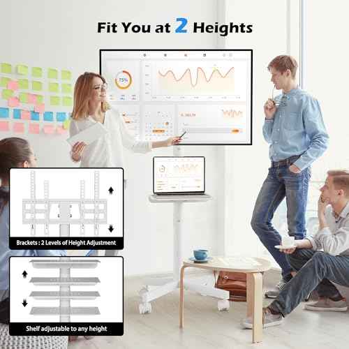 BONTEC Mobile TV Stand with Tilt Function, Rolling TV Stand for 23-60" LED, LCD, OLED TVs, Holds up to 88lbs, Max VESA 400x400mm, Adjustable Media Shelf (White, 17.1x15.1x53.1 in)