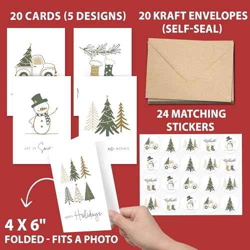 20 Minimal Christmas Cards Boxed with Envelopes & Stickers, Cozy Xmas Cards with 5 Elegant Designs, Incl. Pre-Written Message & Space to Personalize Warm Wishes for Friends, Family & Coworkers