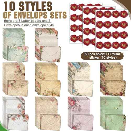 TaoBary 160 Pcs Stationery Paper Set 50 Double Sided Stationery Papers with 50 Matching Envelopes and 60 Round Dot Sticker, 10 Design(Vintage Floral,5.5 x 8.25 Inch)