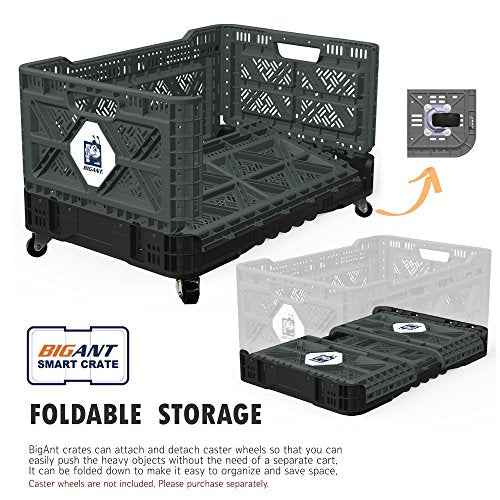 Bigant Heavy Duty Collapsible & Stackable Plastic Milk Crate - Snap Lock Foldable Industrial Garage Storage Bin Container Utility Tote Basket (Charcoal Gray, 1 Medium Crate)