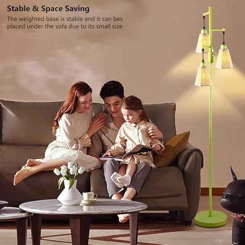 Lightdot 68IN Dimmable Floor Lamp for Living Room, Industrial 3-Light Tree Floor Lamps with LED E26 Bulbs Included, Mid Century Floor Lamp with Fabric Patterned Lampshades for Bedroom Hom Office-Green