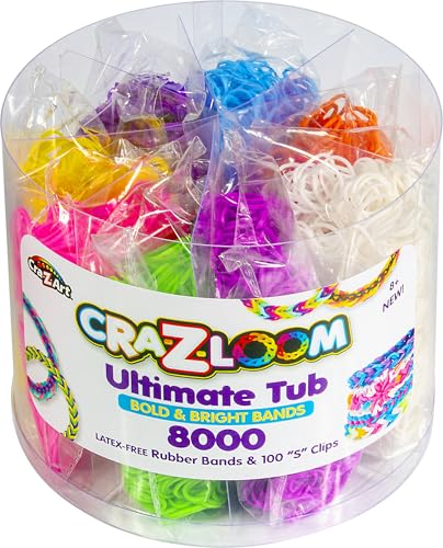 Cra-Z-Loom Ultimate Rubber Band Kit – 8000 Latex-Free Bands + 100 S Clips, Bright Assorted Colors