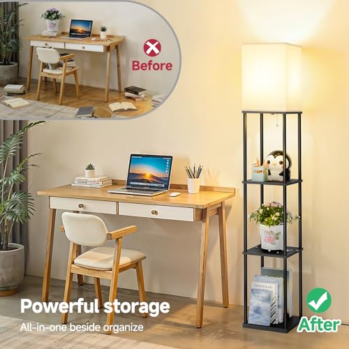Black SHINE HAI Floor Lamp with Shelves - Modern 3-Tier Square Shelf Lamp