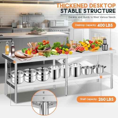 Jocisland 30" x 96" Stainless Steel Table for Prep & Work Adjustable Under Shelf and Feet, for Commercial Kitchen, Restaurant, Hotel and Garage