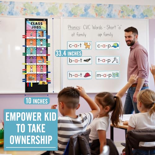 SCHOLOX Black Classroom Jobs Pocket Chart with 47 Cards, Classroom Management Tool