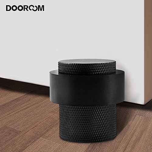1-1/2 Inch Length 1-3/5 Height Cylindrical Floor Mount Door Stopper - Heavy Duty Holder, Brass Hardware, Quiet Doorstop to Protect and Keep Open, 2 Pack, Matt Black